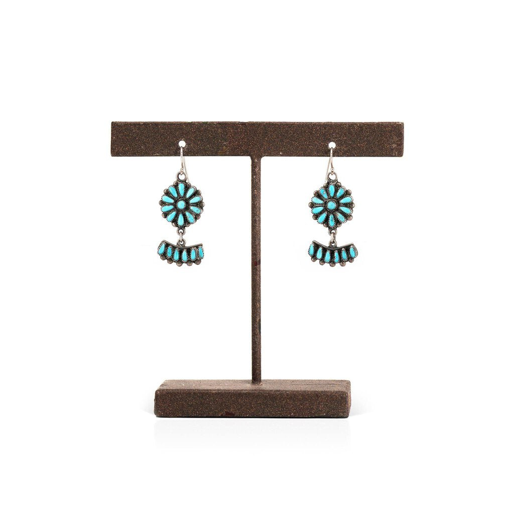 Vintage Zuni Turquoise & Silver Channel Inlay Flower Raincloud Dangle Earrings