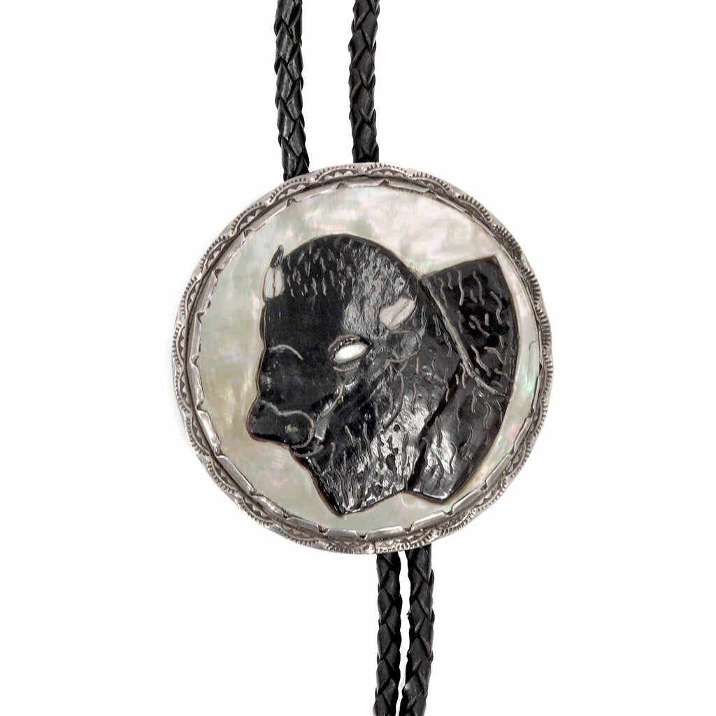 Vintage Zuni Mother of Pearl Tortoise & Silver Circular Bison Bolo Tie