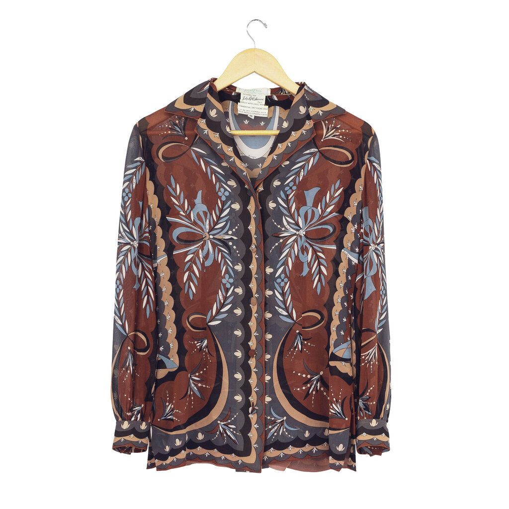 1970s Vintage Ribbon Floral Print Silk Button Down Blouse
