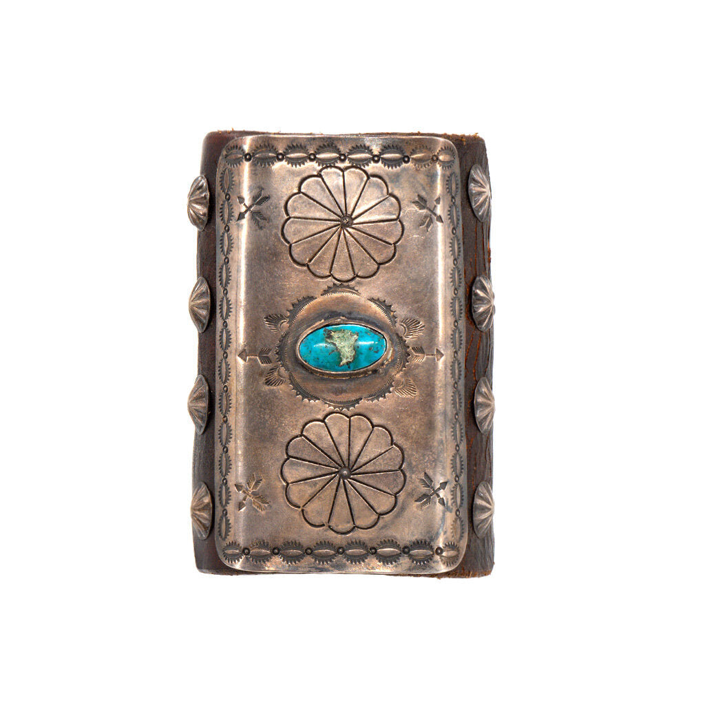 Large Leather, Silver & Turquoise Ketoh Bracelet - Flowers, Arrows