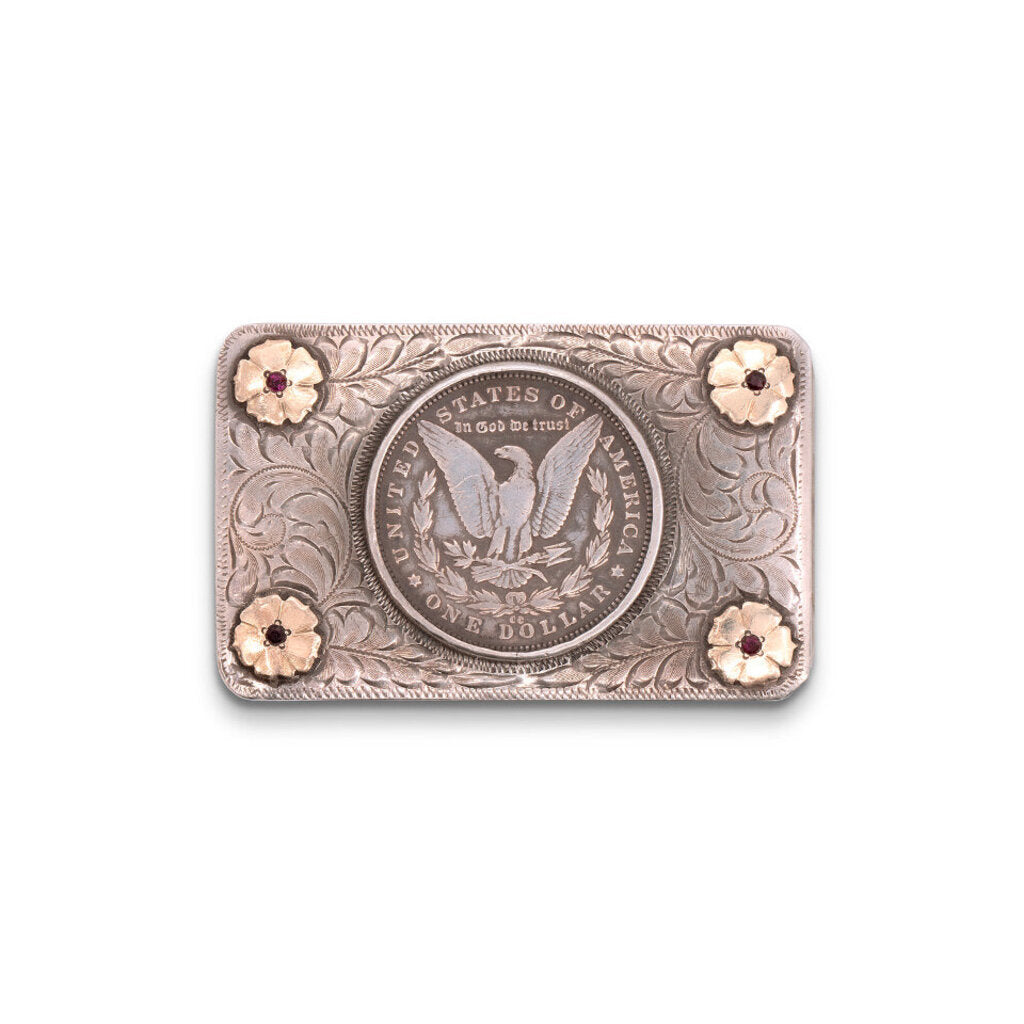 Vintage 1980s Sterling Silver & 14k Gold & Ruby Dollar Engraved Belt Buckle