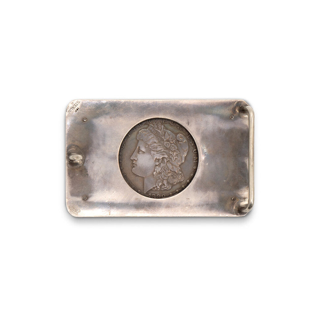 Vintage 1980s Sterling Silver & 14k Gold & Ruby Dollar Engraved Belt Buckle
