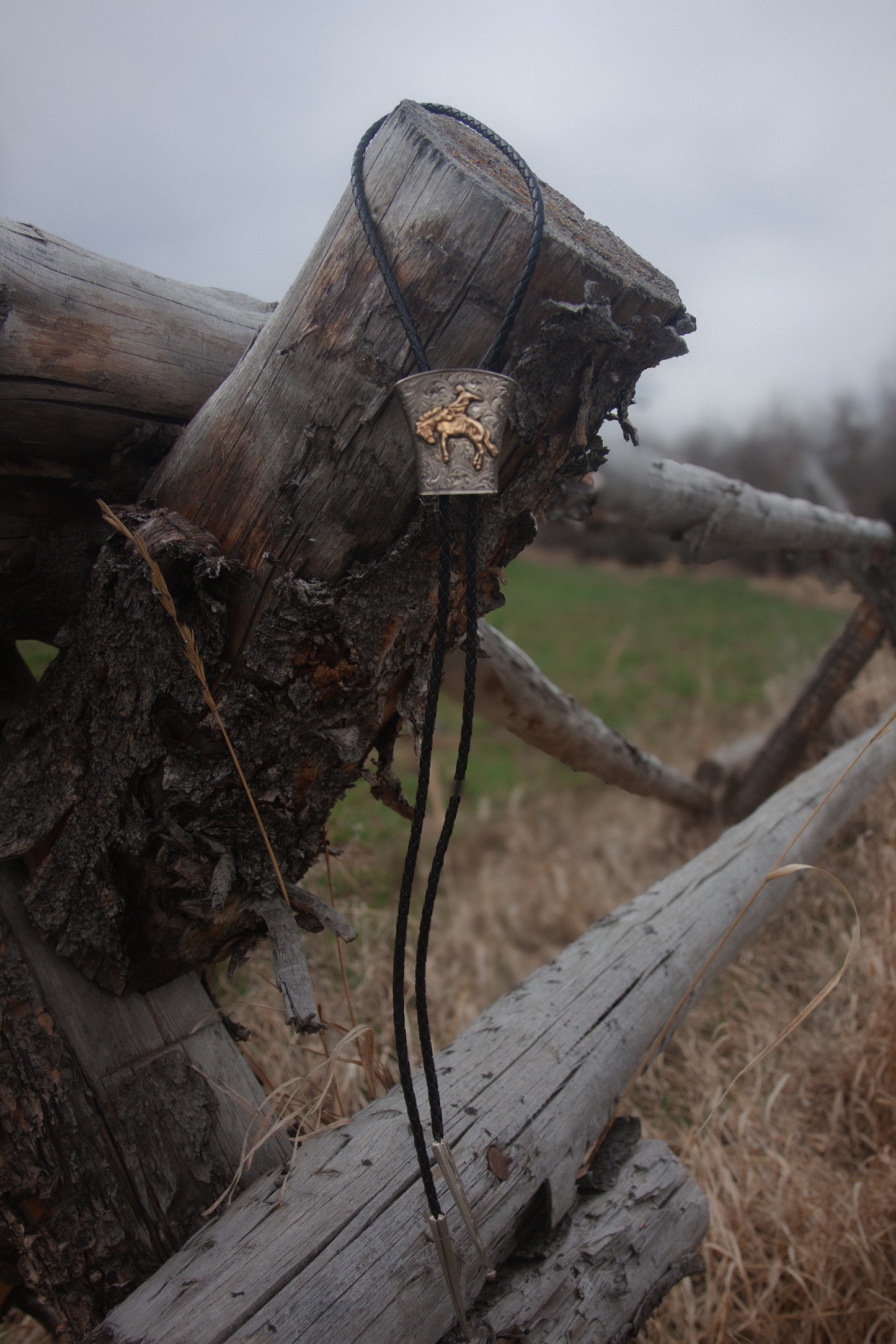 Bolo tie hanging on a wooden fence post with a natural background