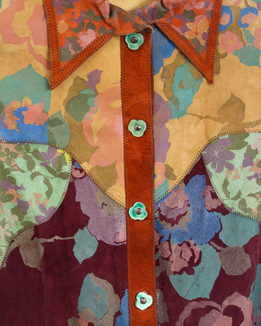 Close-up of a colorful floral-patterned fabric with brown buttons and trim.