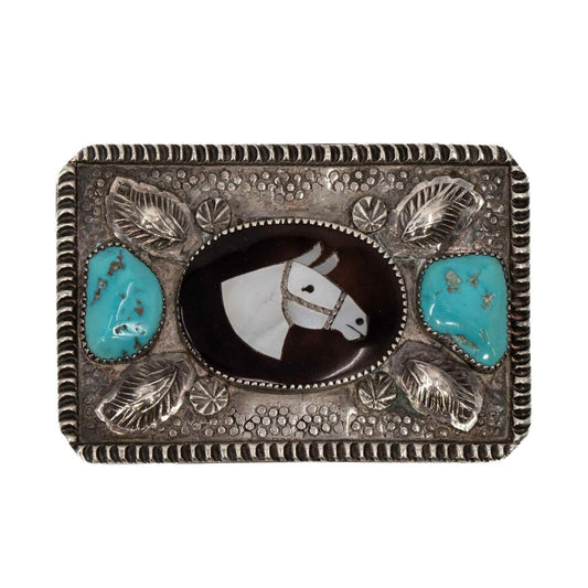 Vintage Zuni Mother of Pearl Tortoise Horse Head w Silver Belt Buckle and Turquoise Stones