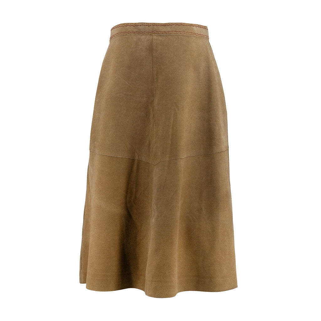 Vintage Suede Button Up Skirt w/ Fringe Pockets & Stitching