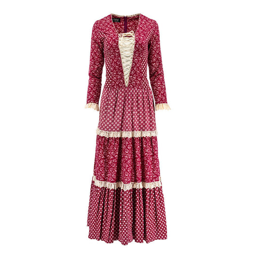 Early 1970s Vintage Lace Up Mixed Floral Print Maxi Dress with Lace Trim