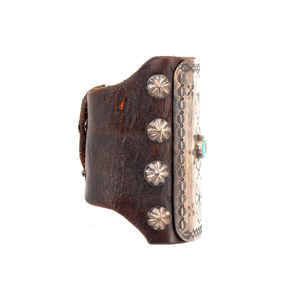 Large Leather, Silver & Turquoise Ketoh Bracelet - Flowers, Arrows
