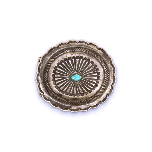 Vintage Ingot Silver Concho Belt Buckle w Turquoise Diamond