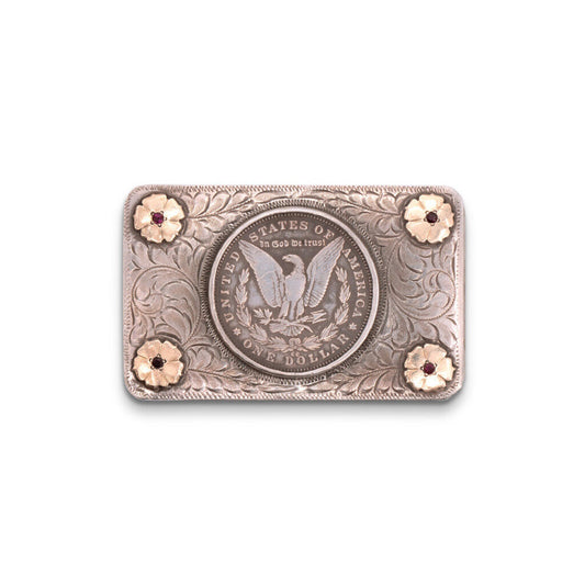 Vintage 1980s Sterling Silver & 14k Gold & Ruby Dollar Engraved Belt Buckle