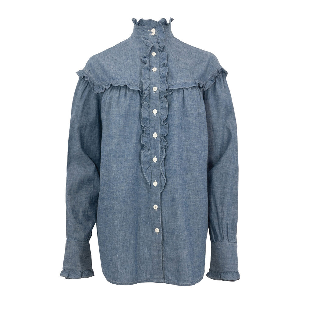 Vintage Mock Neck Denim Shirt with Ruffle Trim