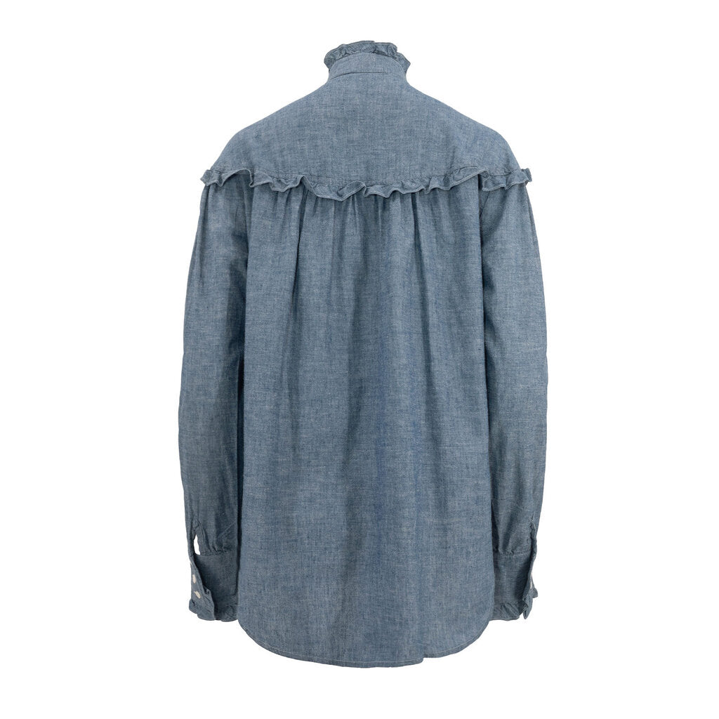 Vintage Mock Neck Denim Shirt with Ruffle Trim