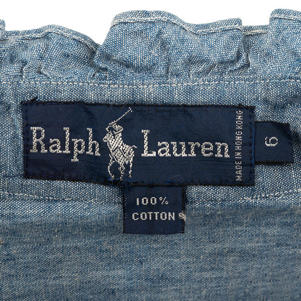 Vintage Mock Neck Denim Shirt with Ruffle Trim
