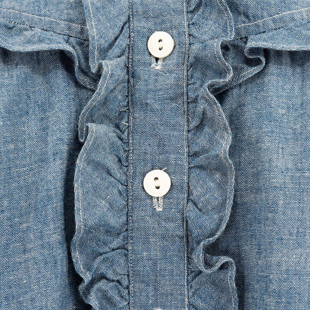 Vintage Mock Neck Denim Shirt with Ruffle Trim
