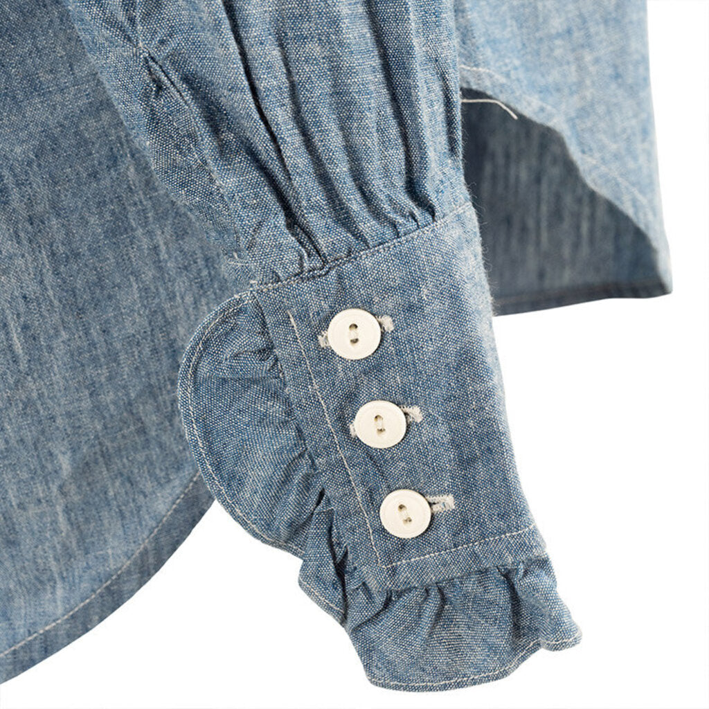 Vintage Mock Neck Denim Shirt with Ruffle Trim