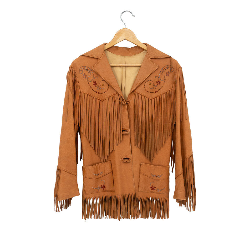 1950s Vintage Floral Beaded Leather Fringe Jacket