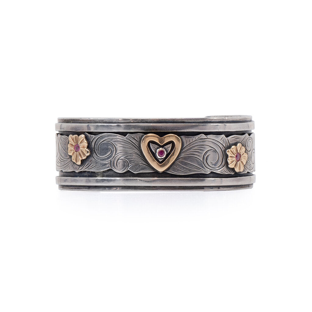Sterling Silver & 14K Gold Heart & Flowers Cuff with Rubies
