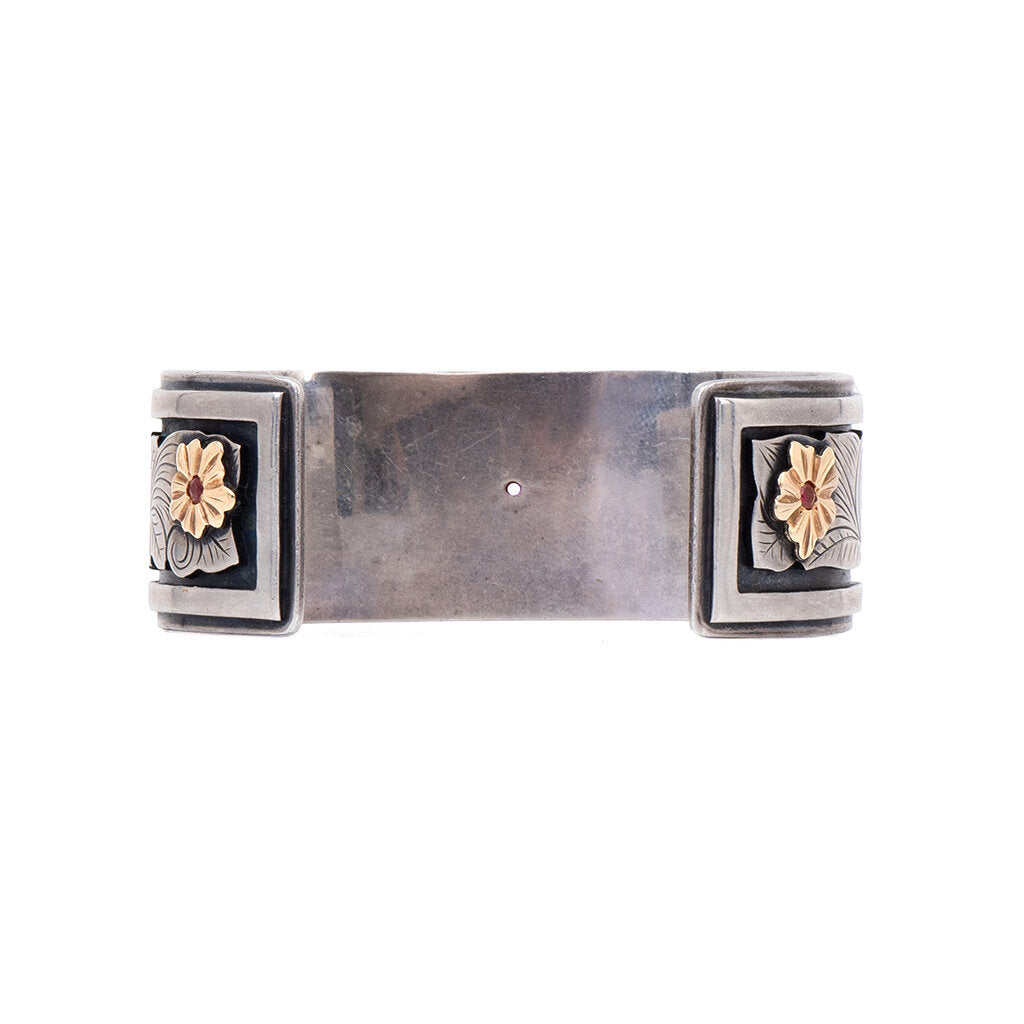 Sterling Silver & 14K Gold Heart & Flowers Cuff with Rubies