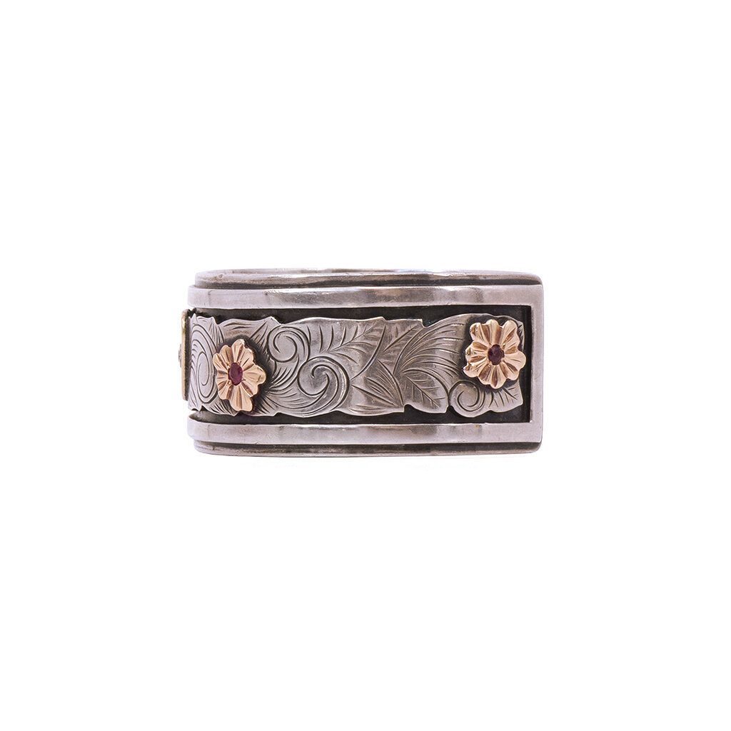 Sterling Silver & 14K Gold Heart & Flowers Cuff with Rubies