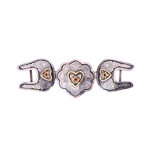 Sterling Silver & 14K Gold Hearts & Flowers Three-Piece Belt Buckle with Rubies