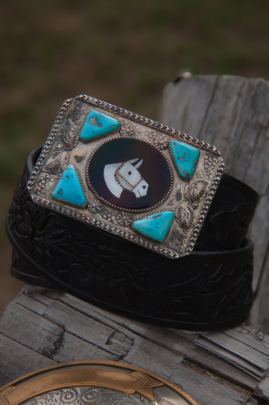1960s Vintage Zuni Horse Head Inlay Belt Buckle and Tooled Leather Belt