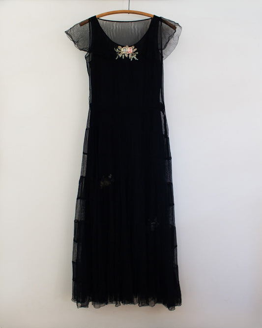1930s Vintage Lace Dress with Floral Ribbon Work