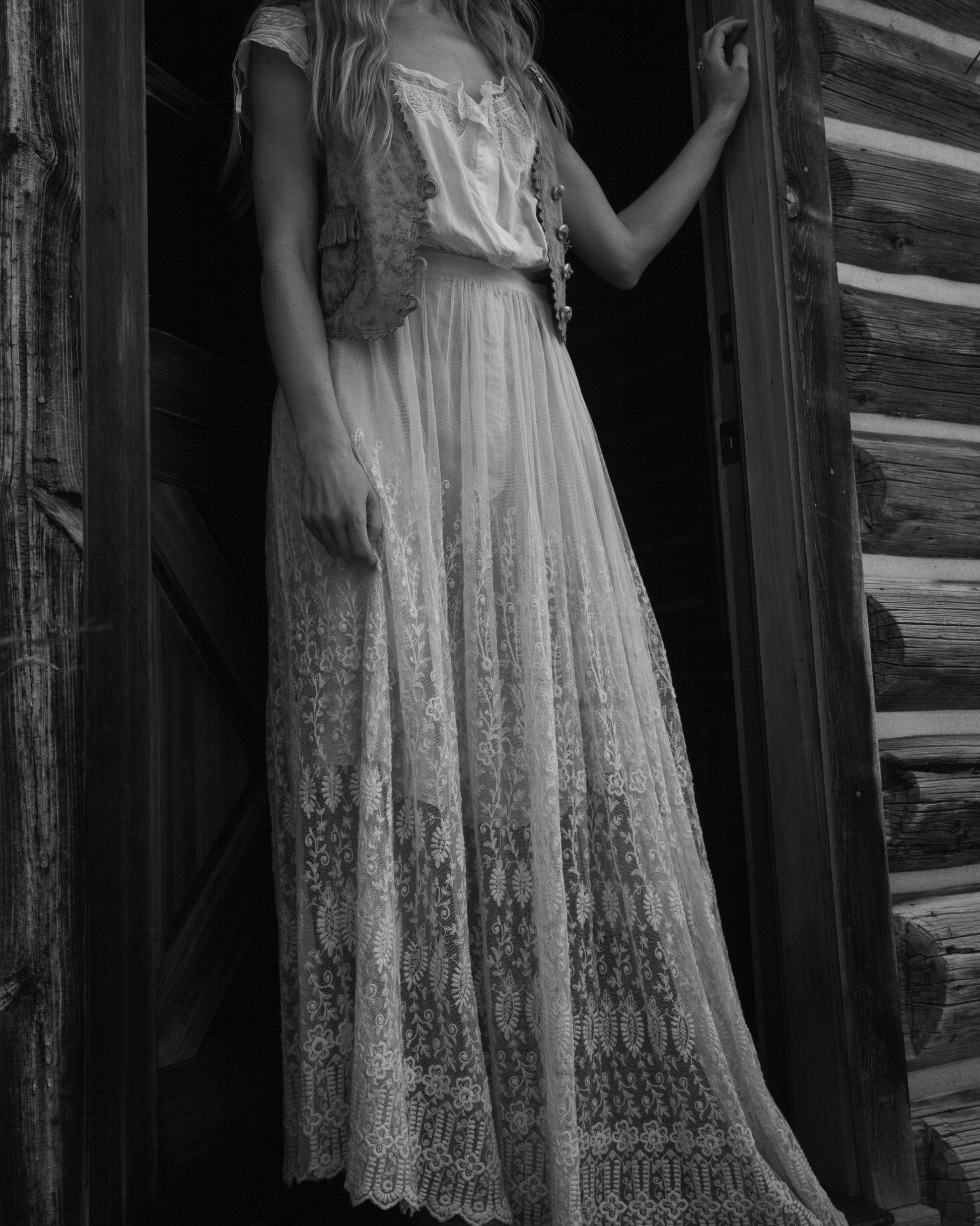 Antique Floral Embroidered Lace Silk Skirt