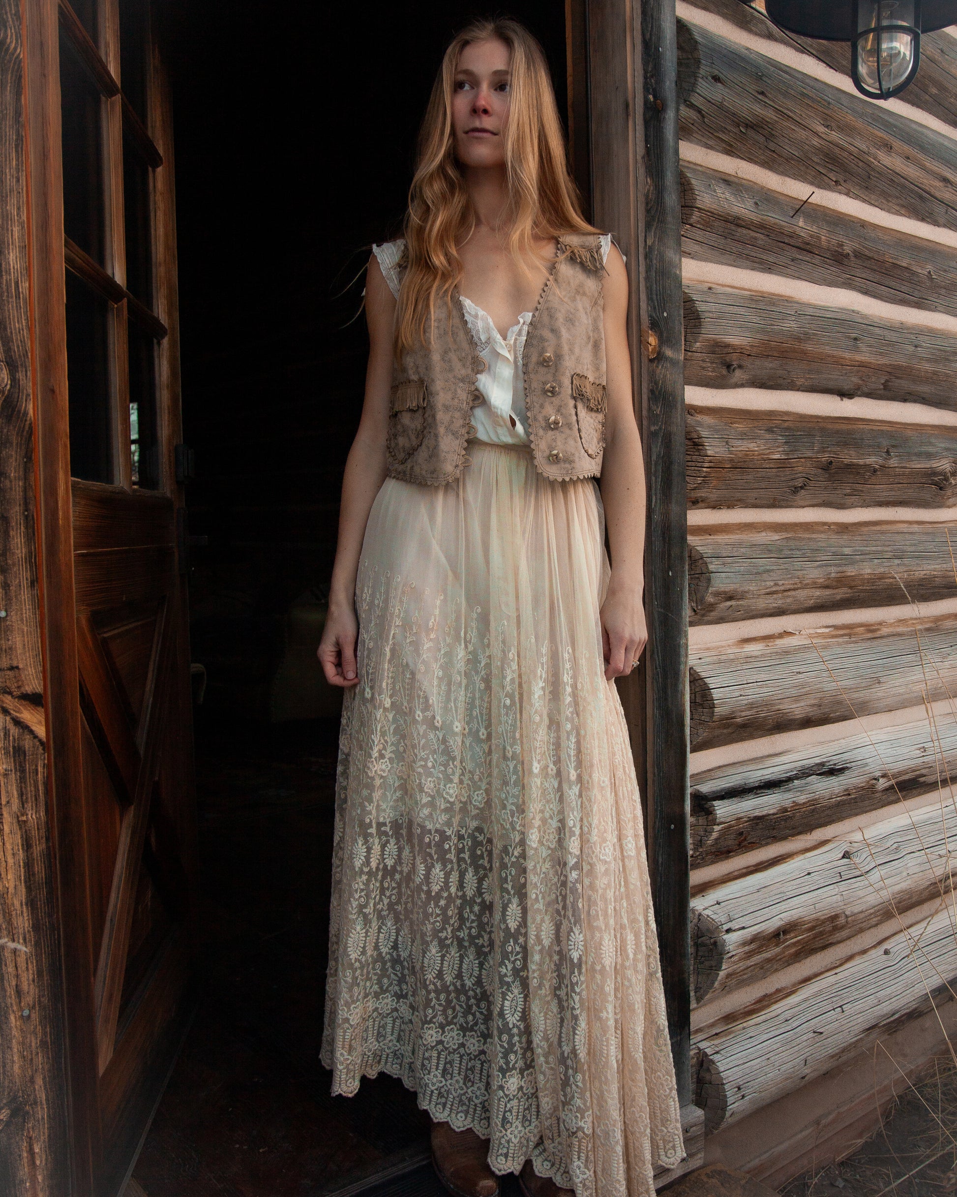 Antique Floral Embroidered Lace Silk Skirt