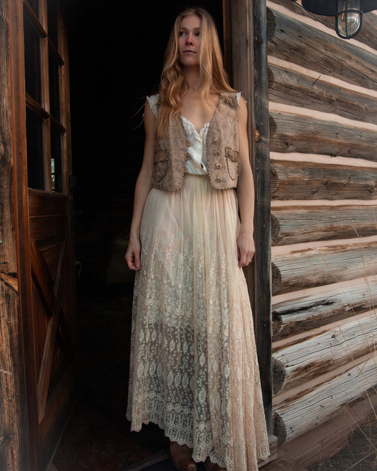 Antique Floral Embroidered Lace Silk Skirt