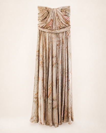 Vintage Ralph Lauren Floral Print Strapless Silk Gown