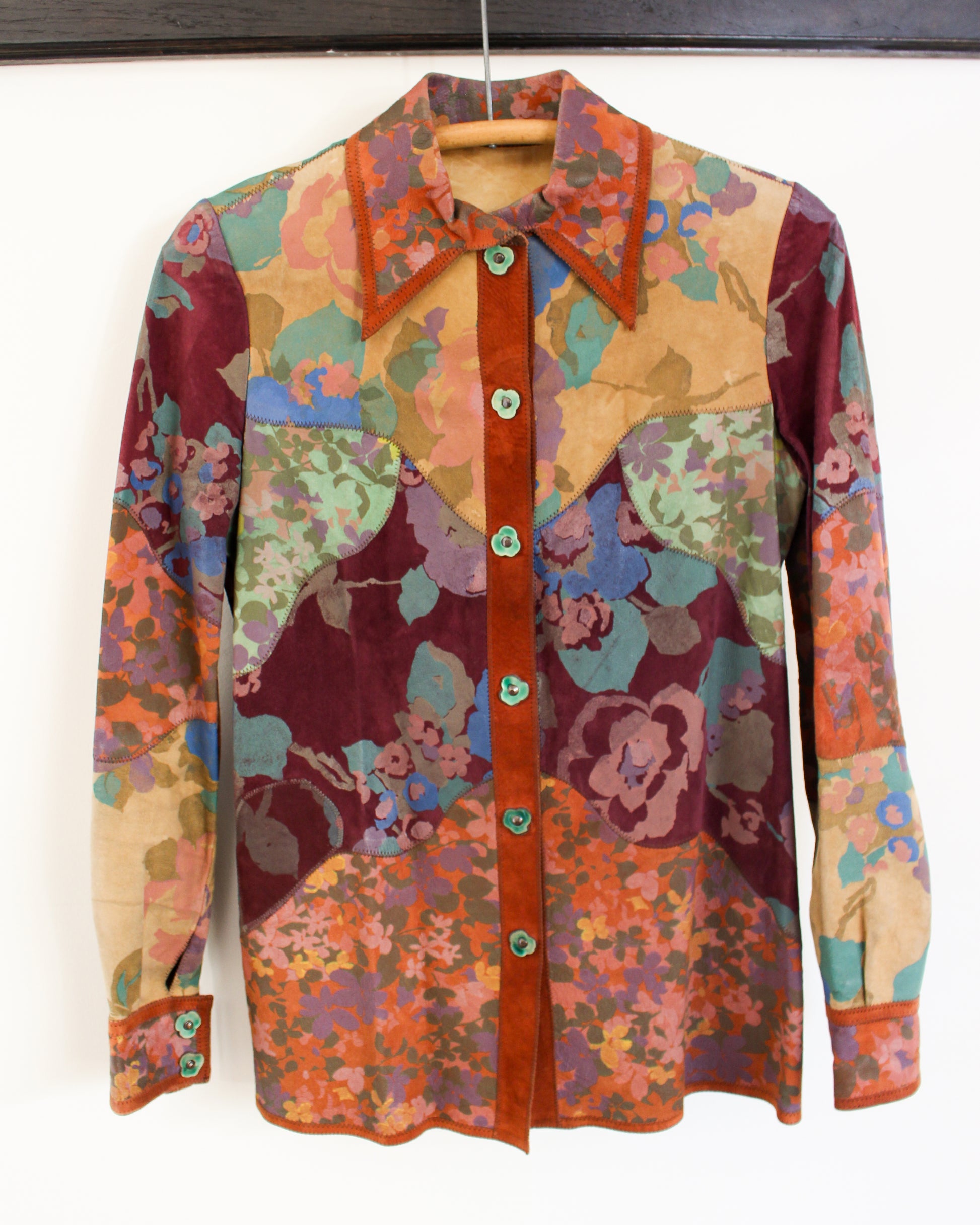 Roberto Cavalli 1970s Vintage Floral Painted Leather Patchwork Shirt Jacket