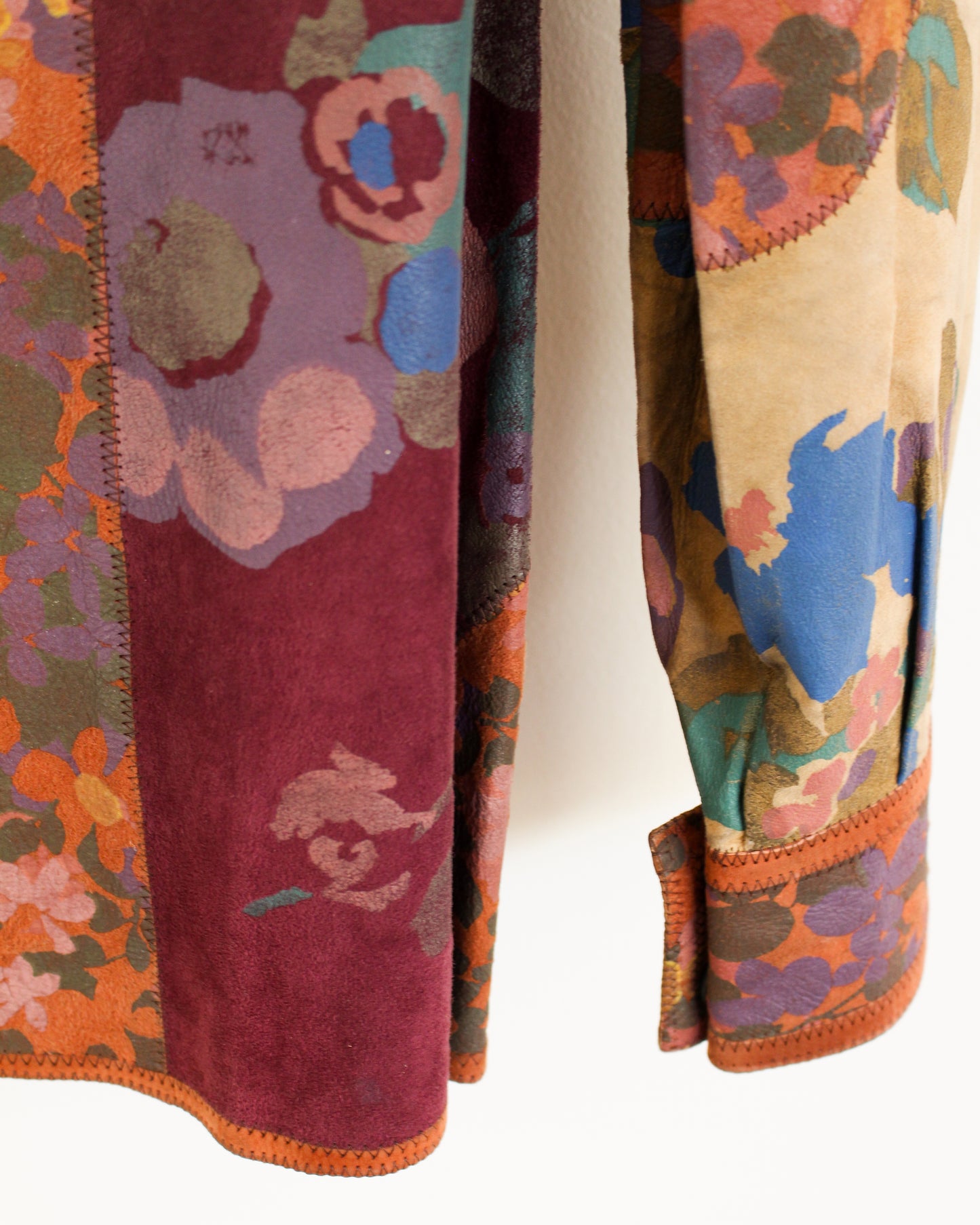 Roberto Cavalli 1970s Vintage Floral Painted Leather Patchwork Shirt Jacket