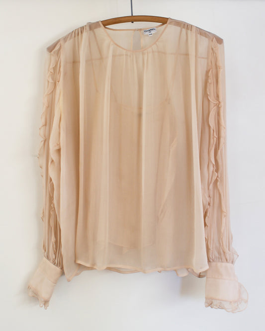 1980's Vintage Chanel Chiffon Blouse with Ruffle Sleeves