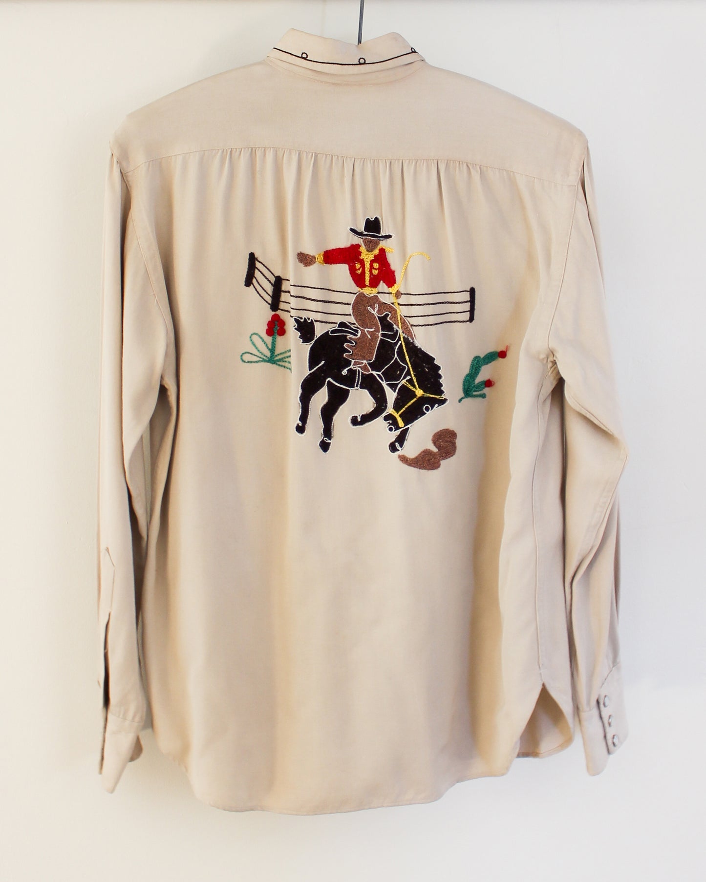 1940s Vintage Chainstitch Western Shirt - Saddle/Boots/Cowboy on Bucking Bronco