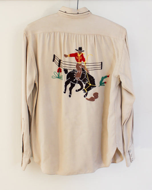 1940s Vintage Chainstitch Western Shirt - Saddle/Boots/Cowboy on Bucking Bronco