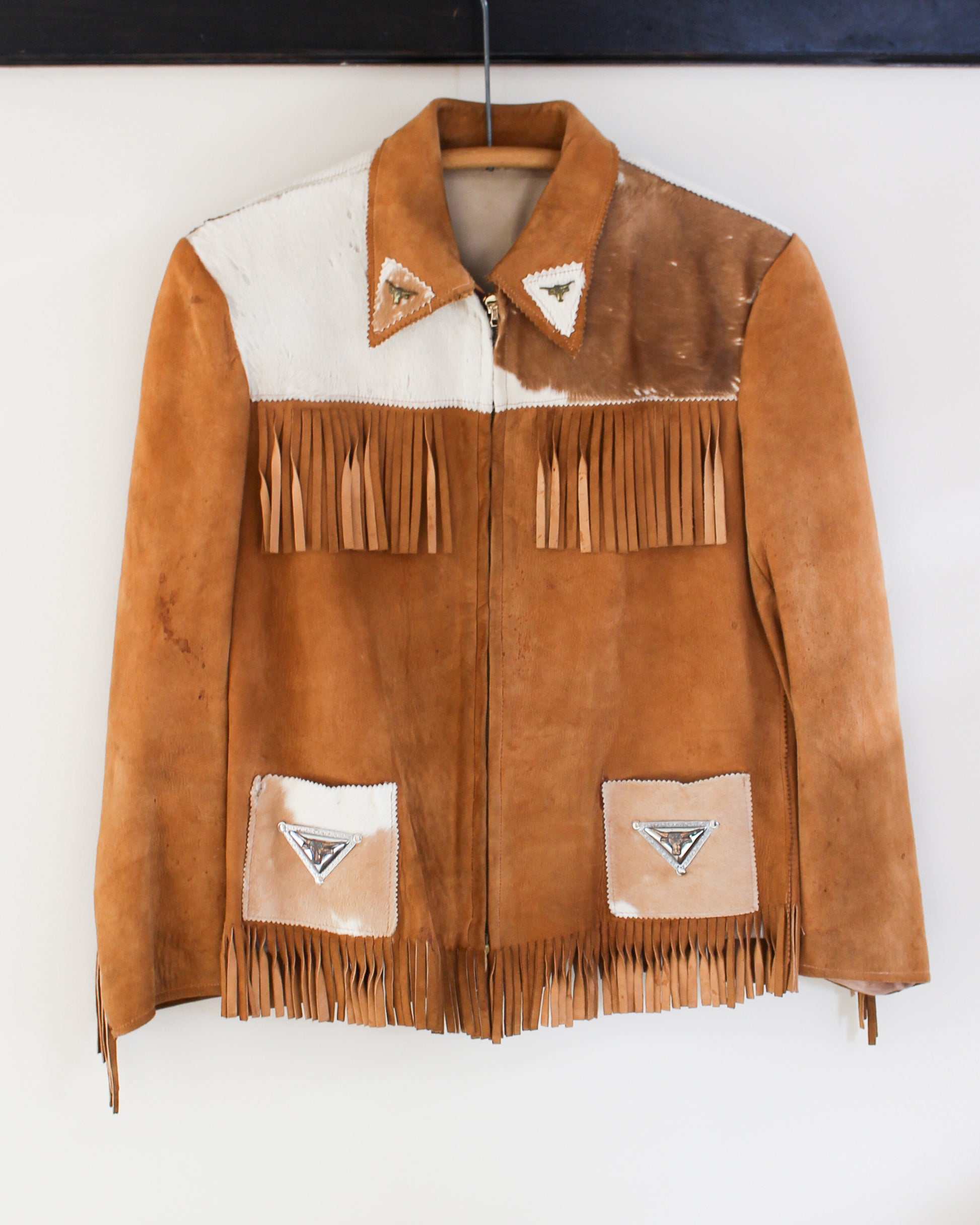 Vintage Cowhide Fringe Leather Jacket with Longhorns