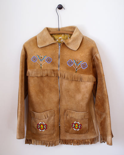 Brown suede jacket with colorful embroidery and fringes on a white background