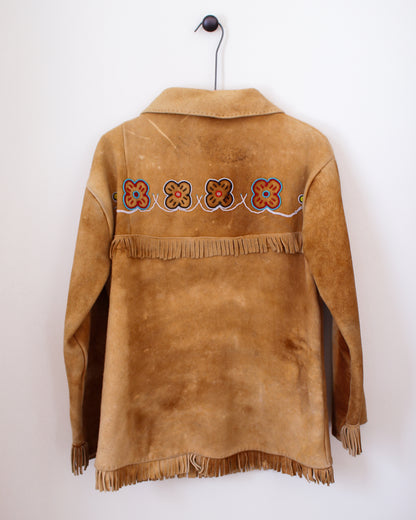 Brown suede jacket with floral embroidery and fringes on a white background