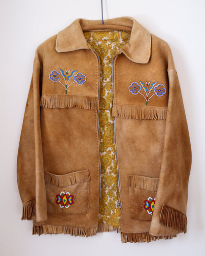 Brown suede jacket with floral embroidery and fringes on a white background
