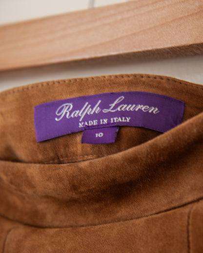 Brown suede jacket with Ralph Lauren label on a wooden hanger