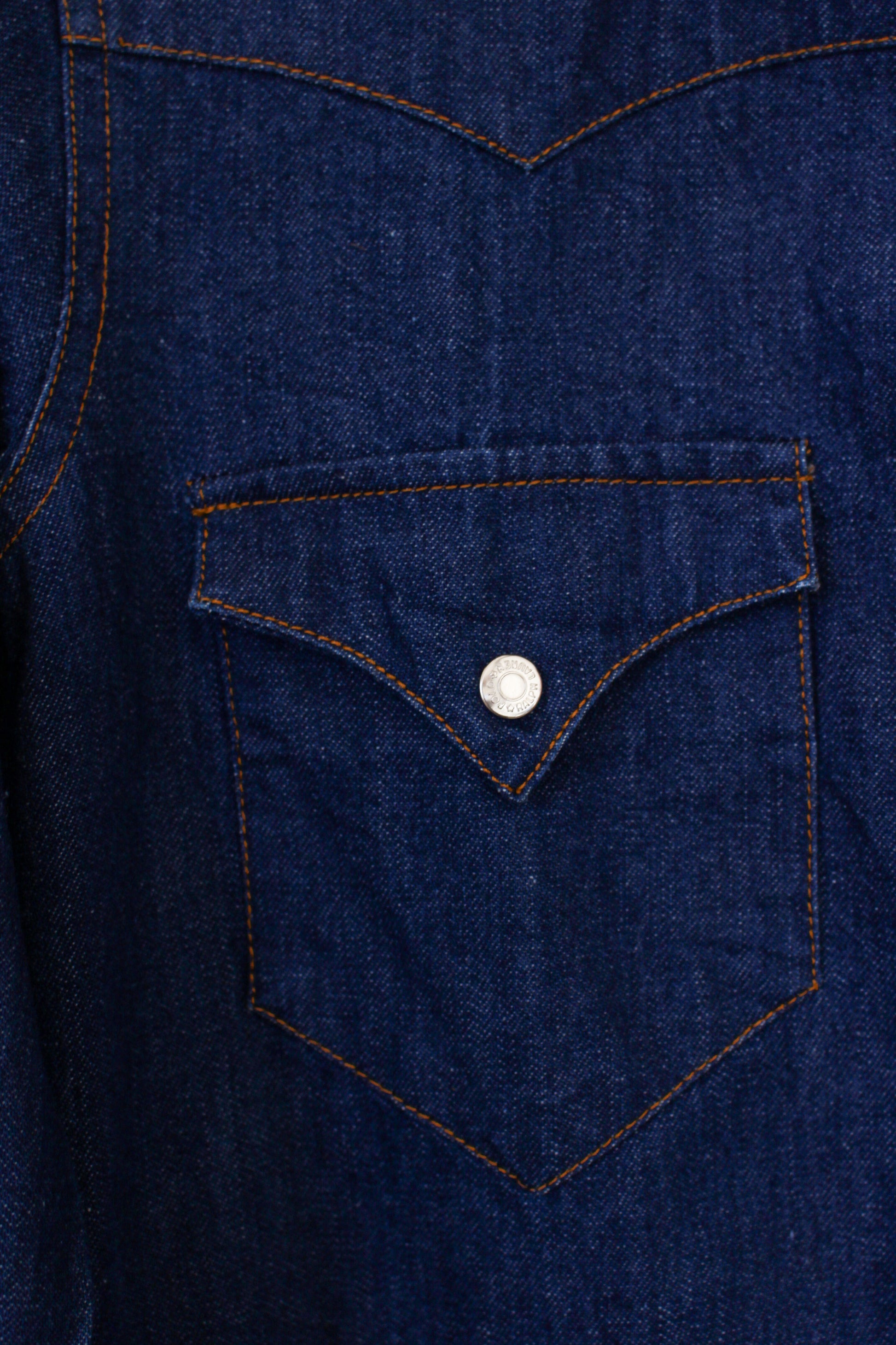Close-up of a blue denim shirt pocket with a button.