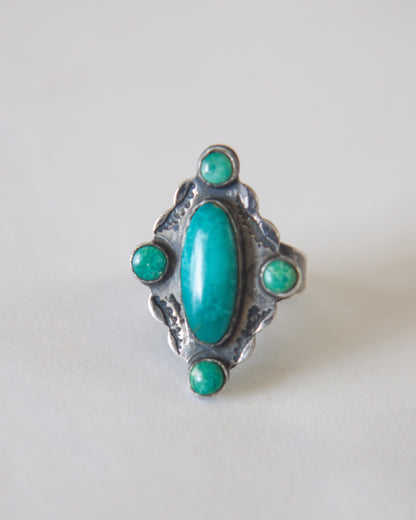 Silver ring with a central turquoise stone and smaller stones on a white background