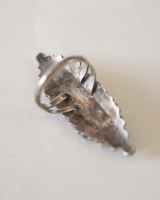 back of sterling silver ring on a light gray background