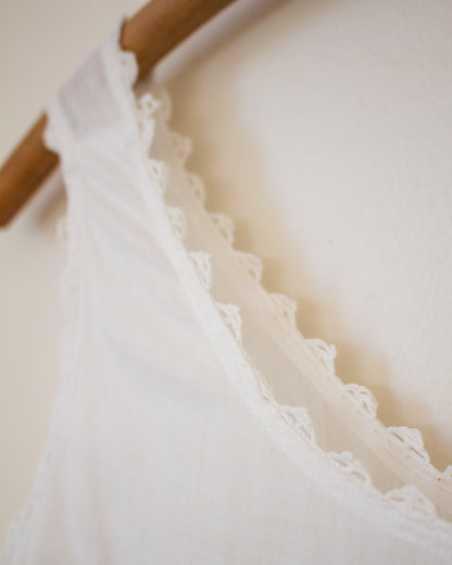 Close-up of a white lace garment on a wooden hanger against a neutral background