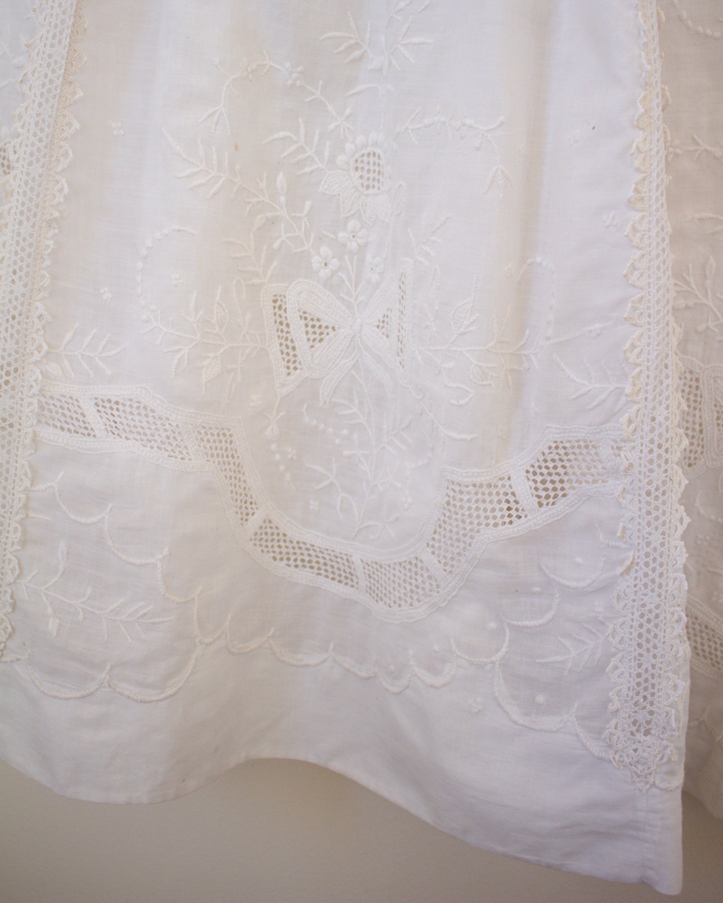 Close-up of a white lace fabric with intricate patterns
