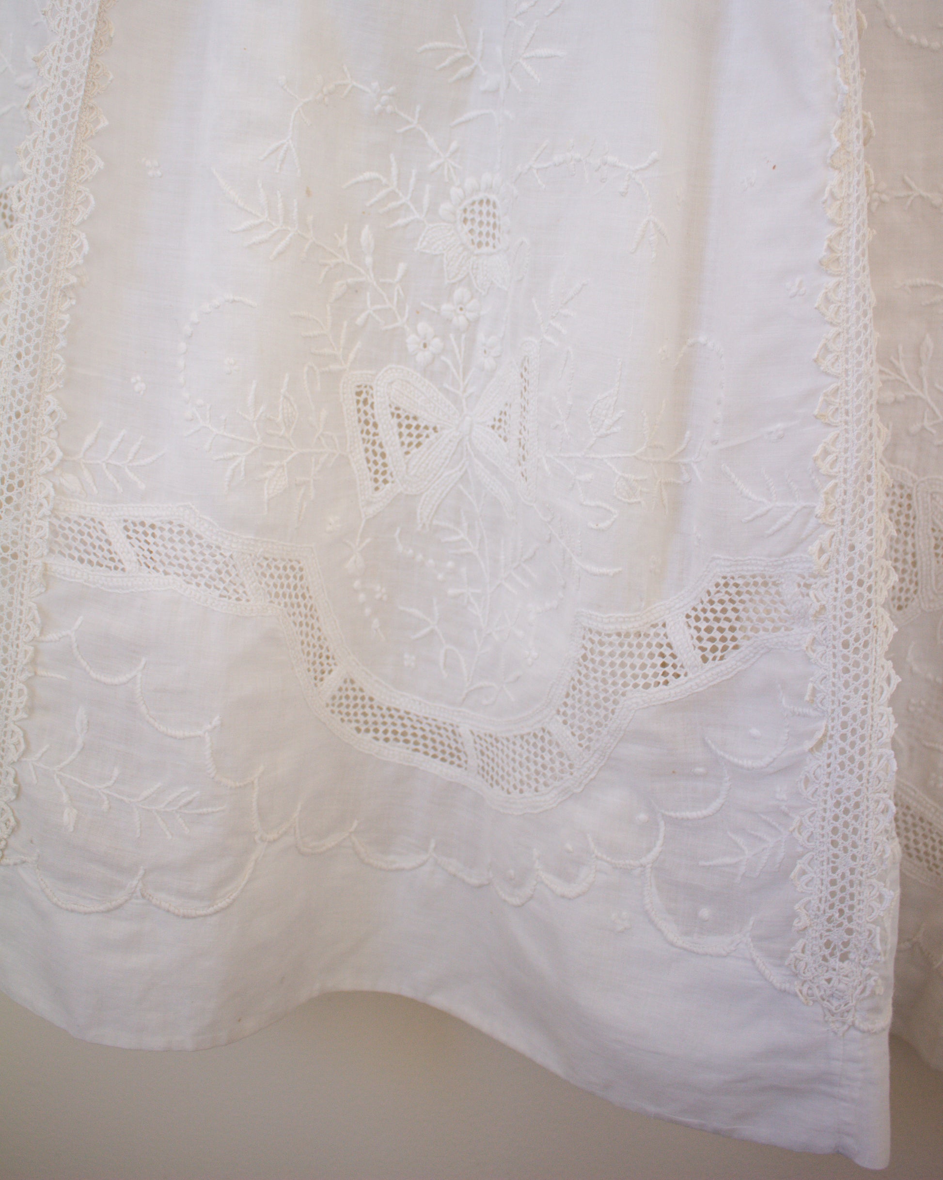 Close-up of a white lace fabric with intricate patterns
