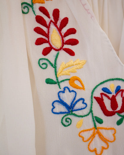 Close-up of embroidered floral patterns on a white fabric background