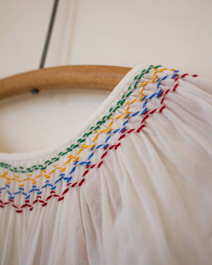 Close-up of a garment with colorful embroidery on a wooden hanger against a light background