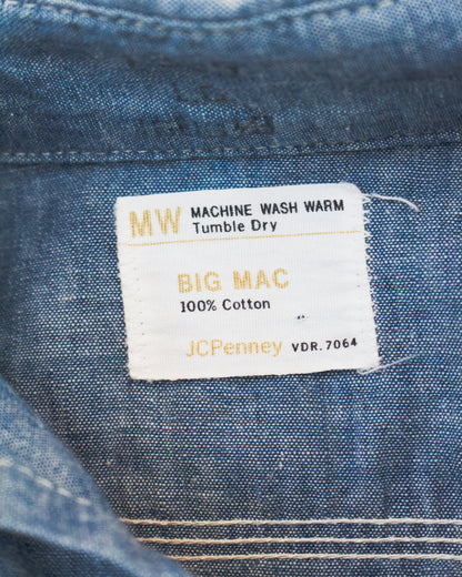 Close-up of a blue denim garment label reading 'BIG MAC 100% Cotton' with 'JCPenney' and 'MW' visible, sewn onto blue denim fabric.