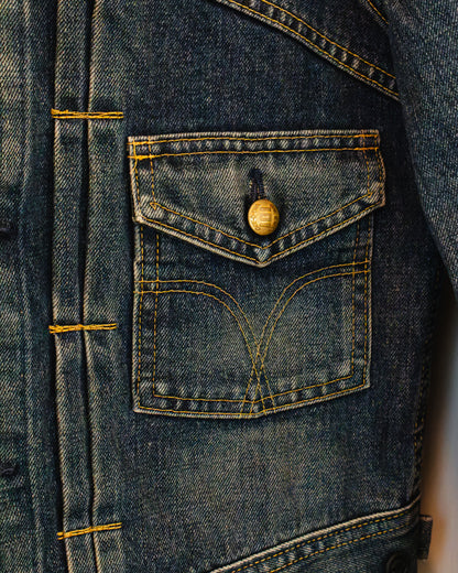 Close-up of front button pocket of denim jacket with brass button.